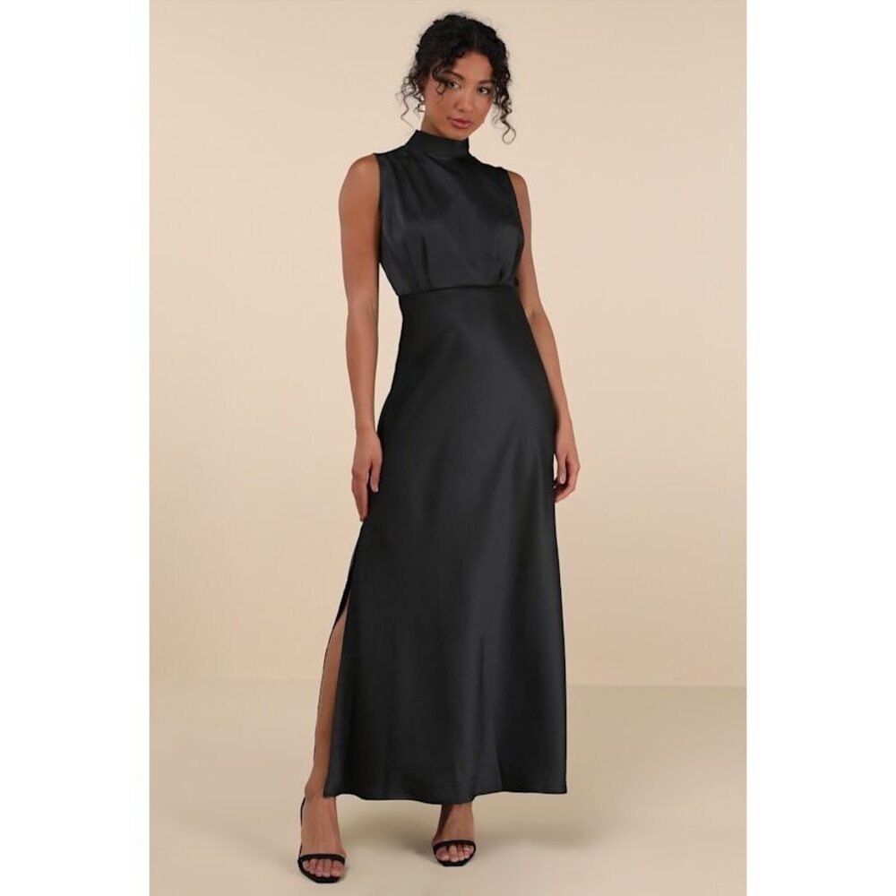 Lulus Classic Elegance Black Satin Sleeveless Mock Neck Maxi Dress - Size S